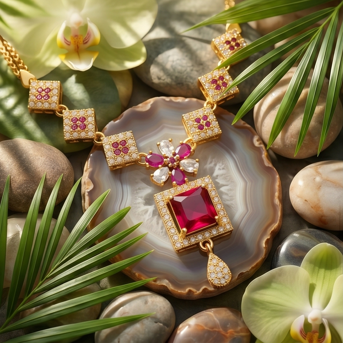 DIVYORO SQUARE RUBY DROP NECKLACE