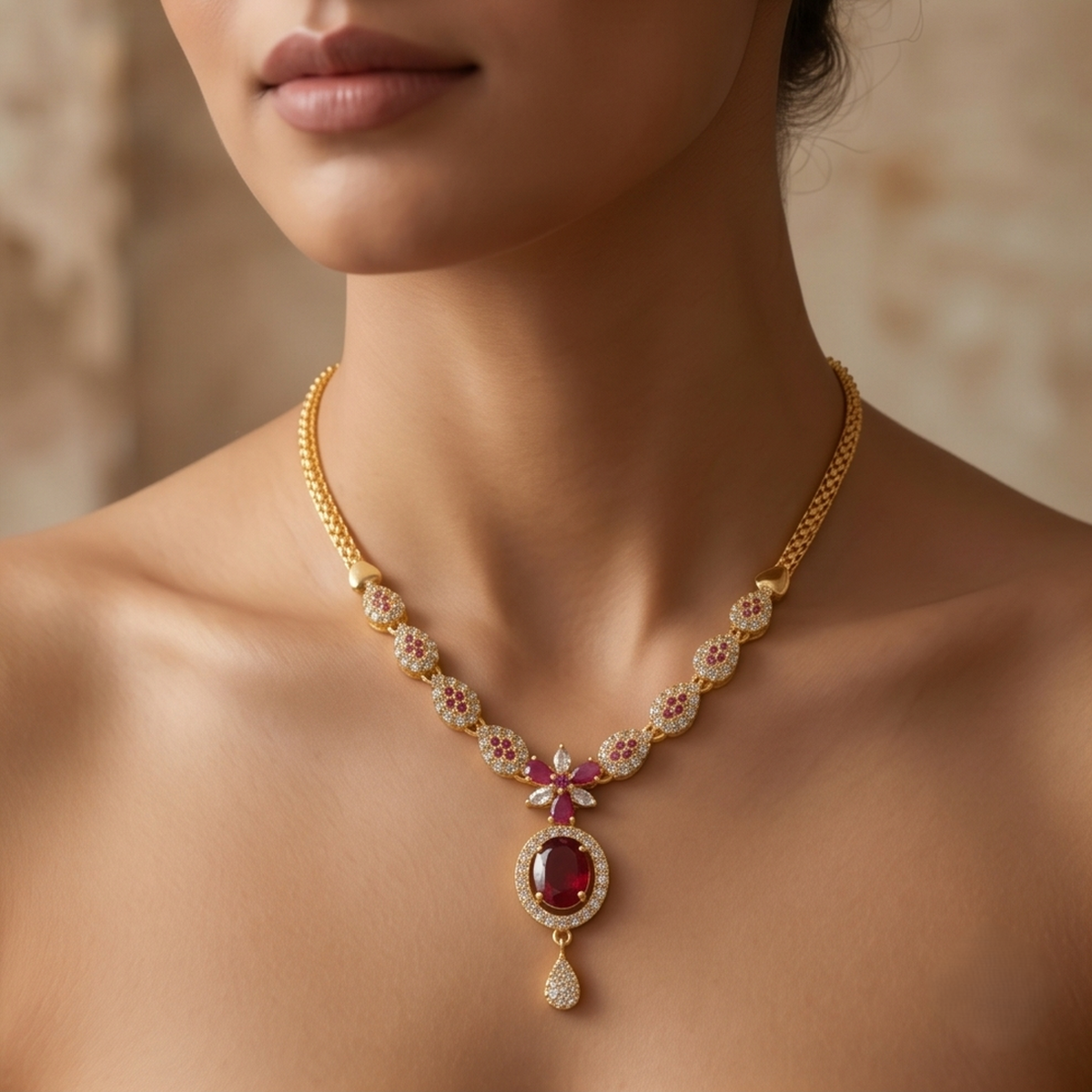 DIVYORO RUBY OVAL PENDANT NECKLACE
