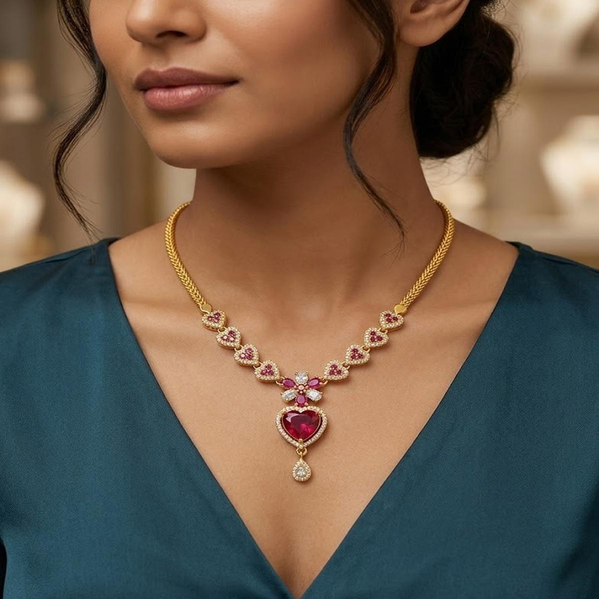 DIVYORO RUBY HEART FLORAL NECKLACE