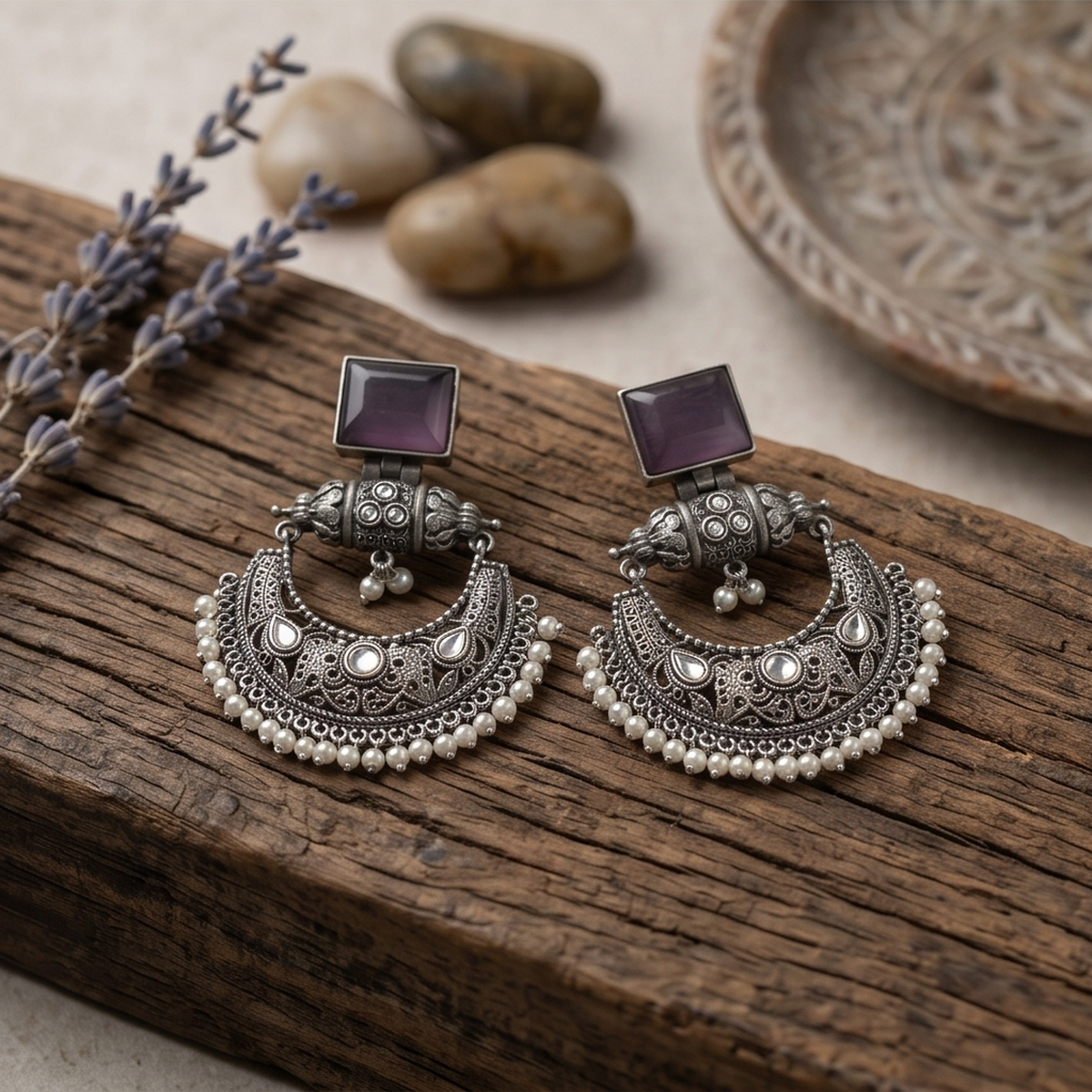 DIVYORO AMETHYST CHANDBALI PEARL EARRINGS