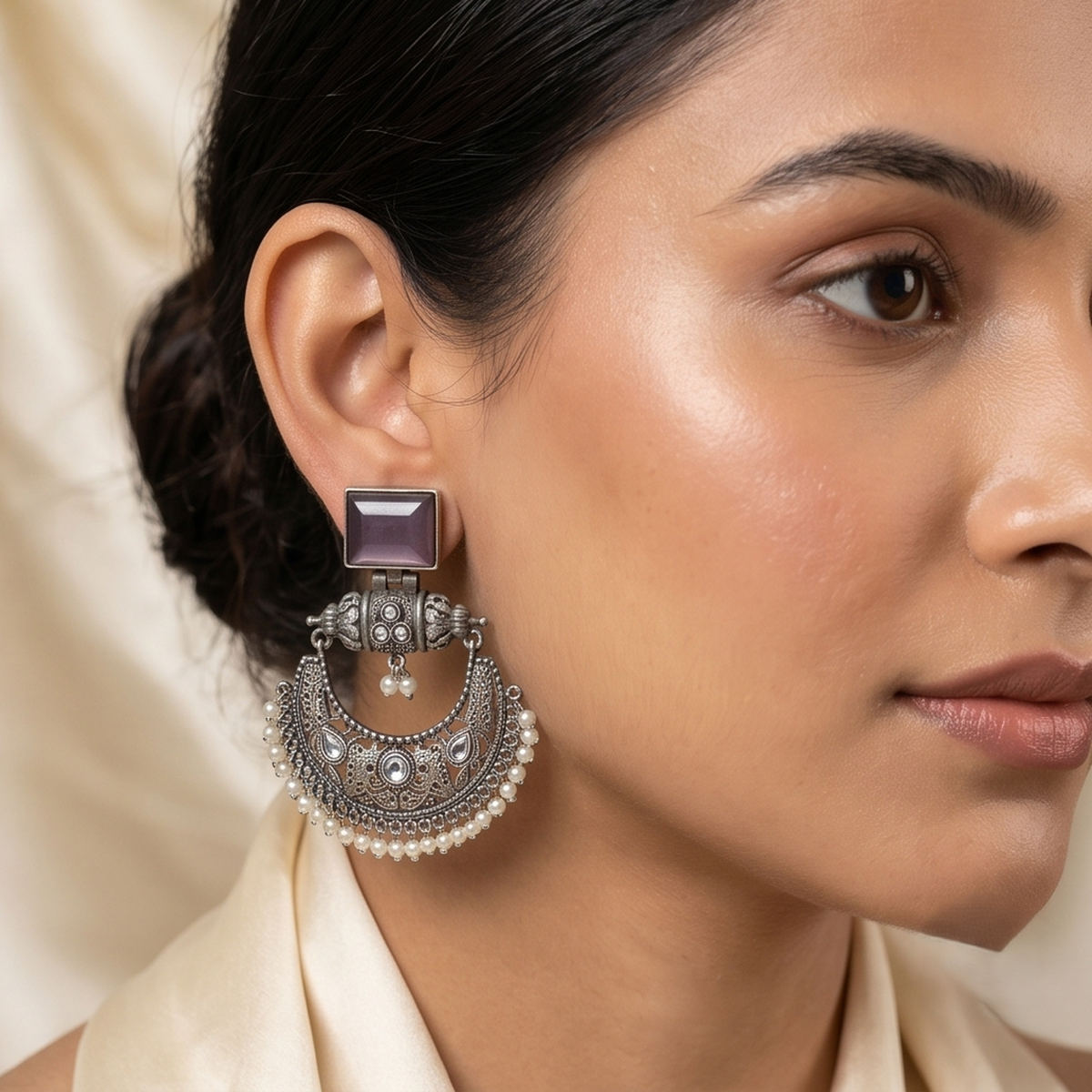 DIVYORO AMETHYST CHANDBALI PEARL EARRINGS