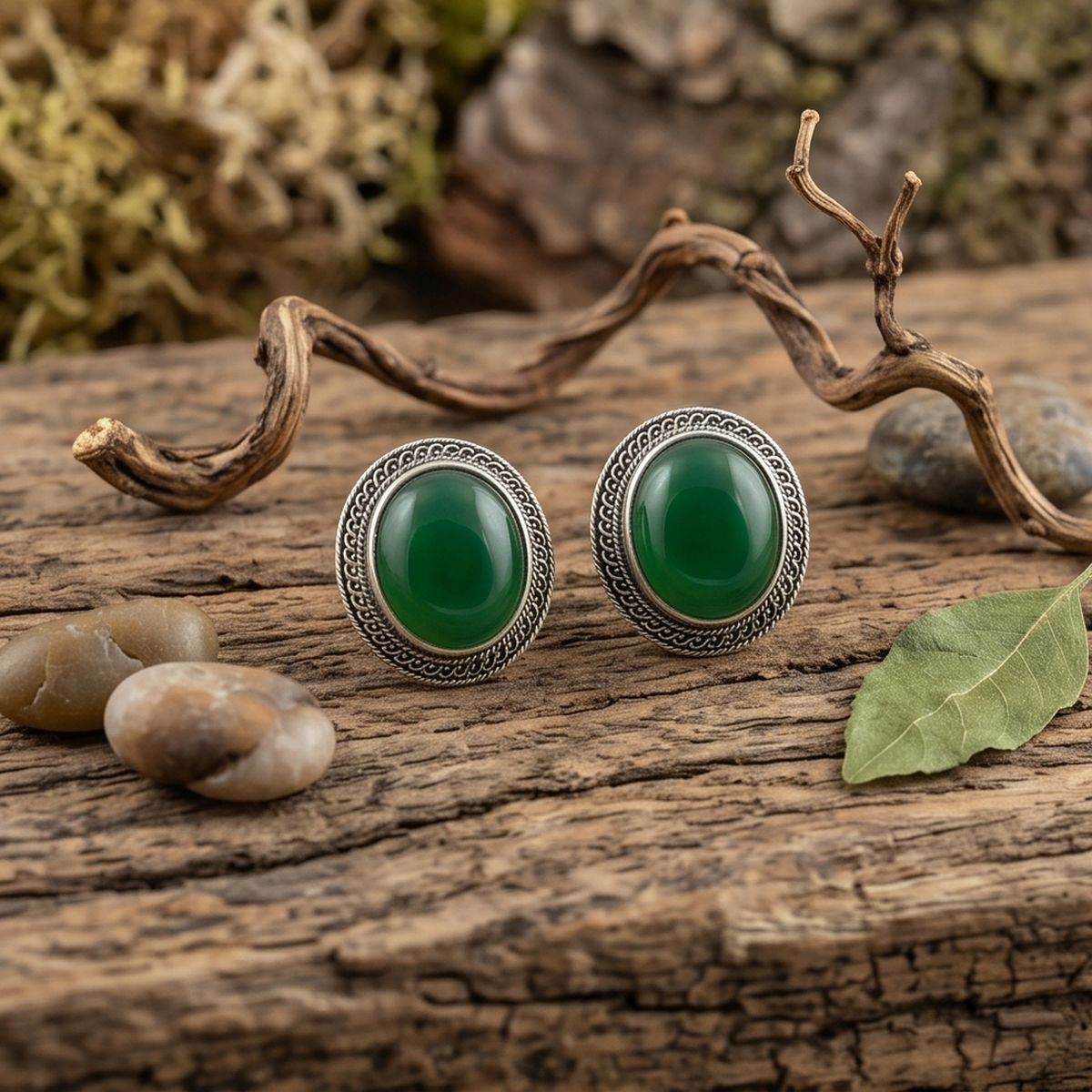 DIVYORO OVAL GREEN ONYX STUDS