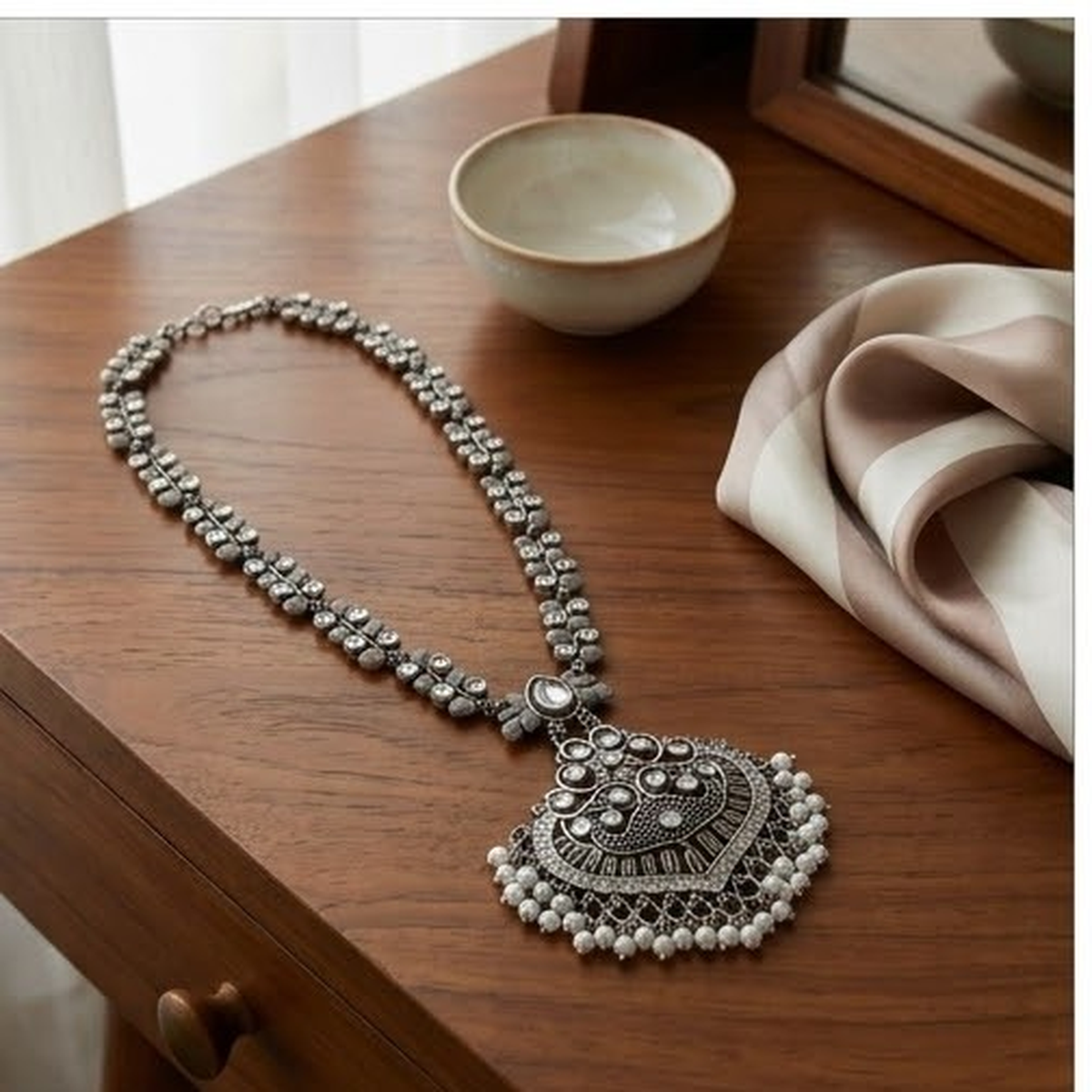 DIVYORO ORNATE FILIGREE PENDANT NECKLACE WITH PEARL ACCENTS