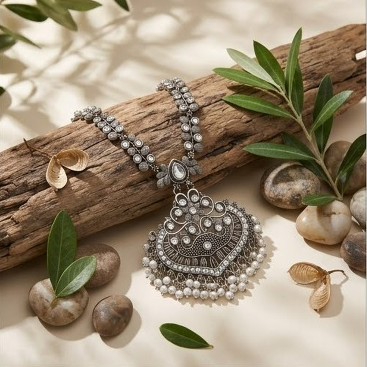 DIVYORO ORNATE FILIGREE PENDANT NECKLACE WITH PEARL ACCENTS