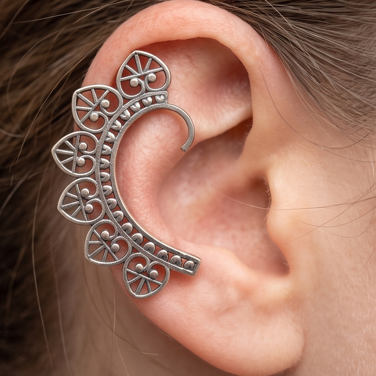 DIVYORO ANTIQUE OXIDIZED SILVER-TONED FLORAL HEART EAR CUFFS