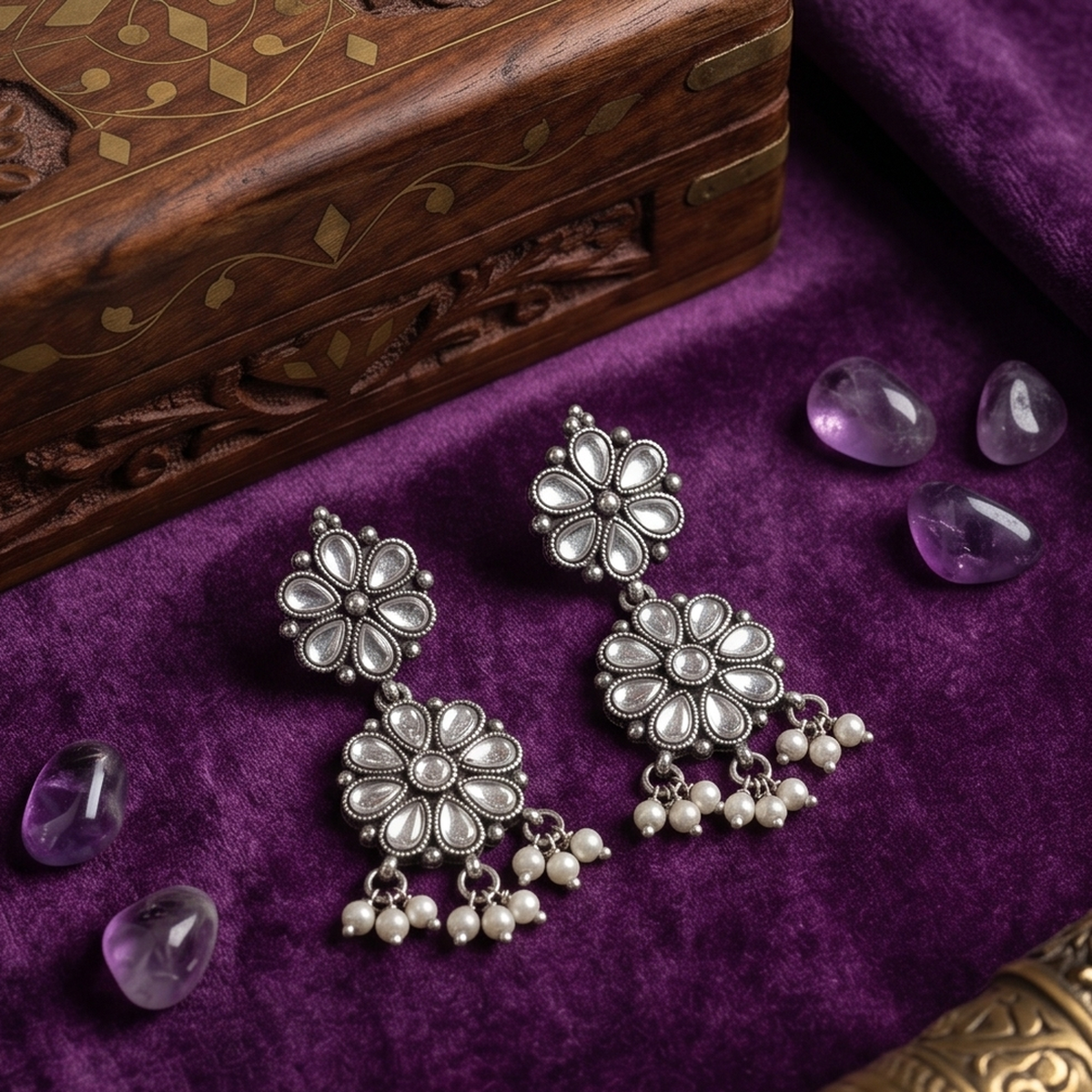 DIVYORO SILVER KUNDAN FLORAL DROP