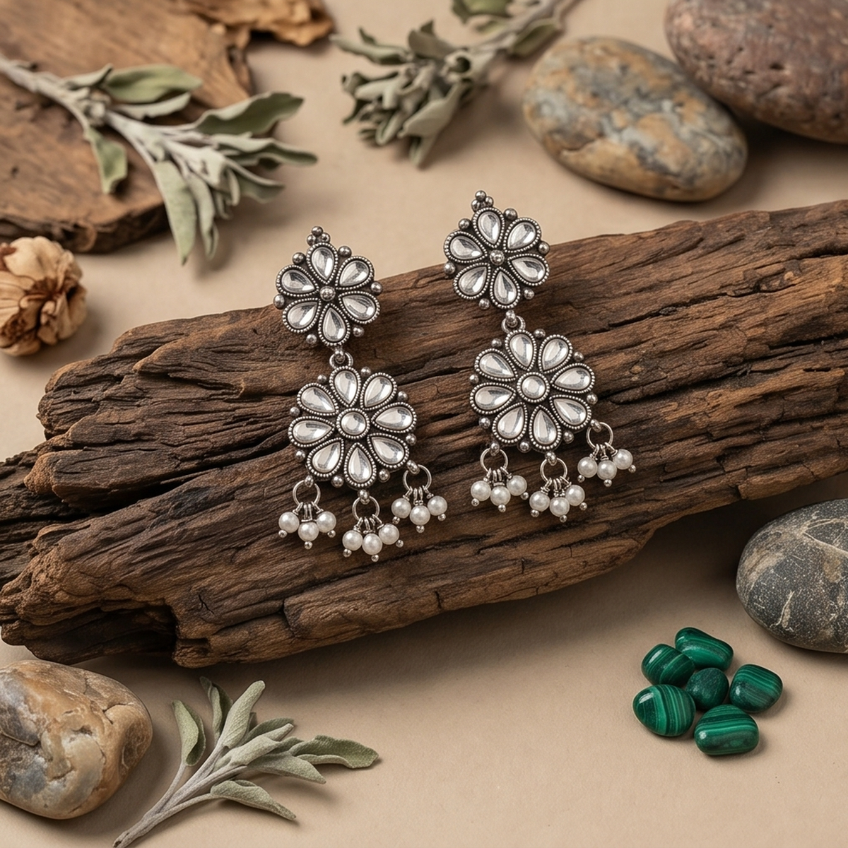 DIVYORO SILVER KUNDAN FLORAL DROP