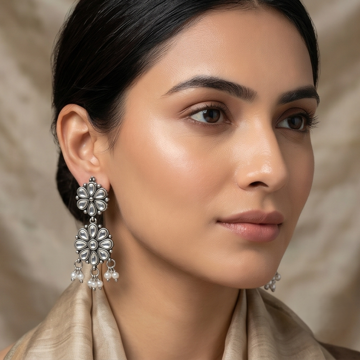 DIVYORO SILVER KUNDAN FLORAL DROP