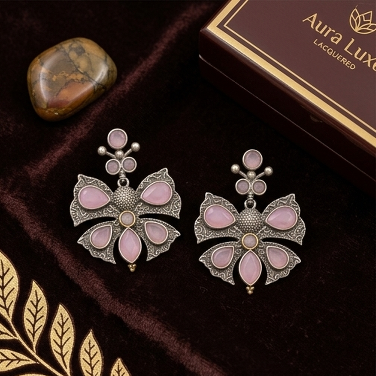 DIVYORO PINK STONE BUTTERFLY STUDS