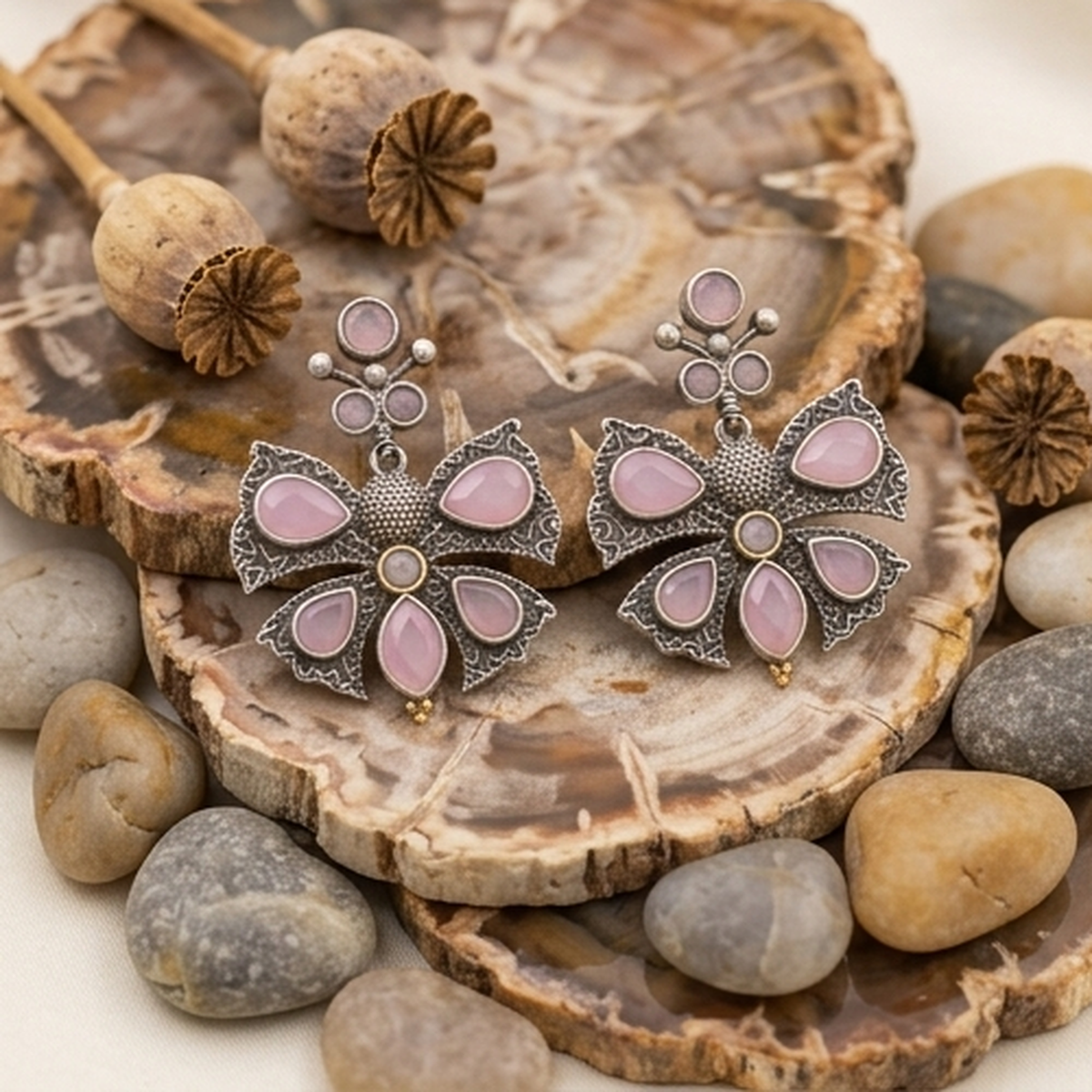 DIVYORO PINK STONE BUTTERFLY STUDS