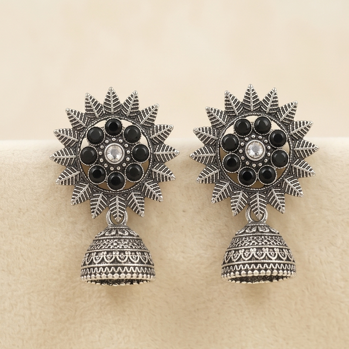 DIVYORO BLACK STONE SUNBURST JHUMKA