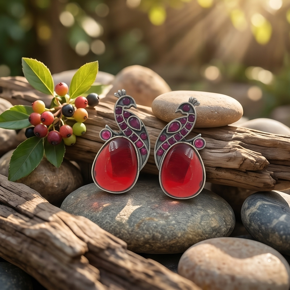 DIVYORO RED PEACOCK EARRINGS