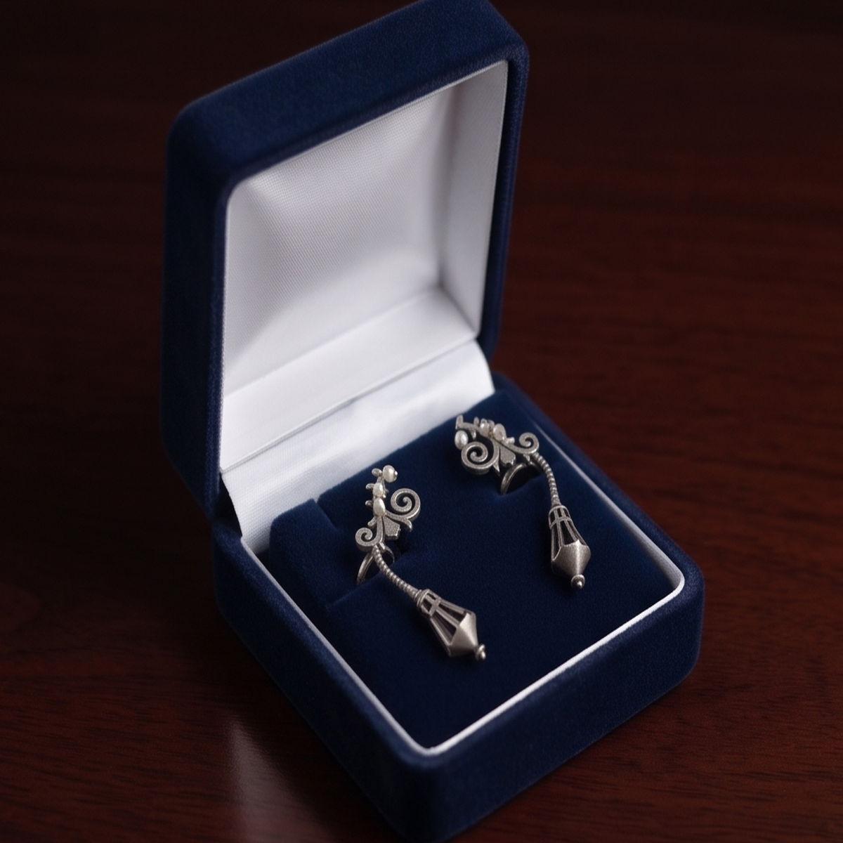 DIVYORO ANTIQUE SILVER-TONED STREET LAMP PEARL DANGLING EAR CUFFS