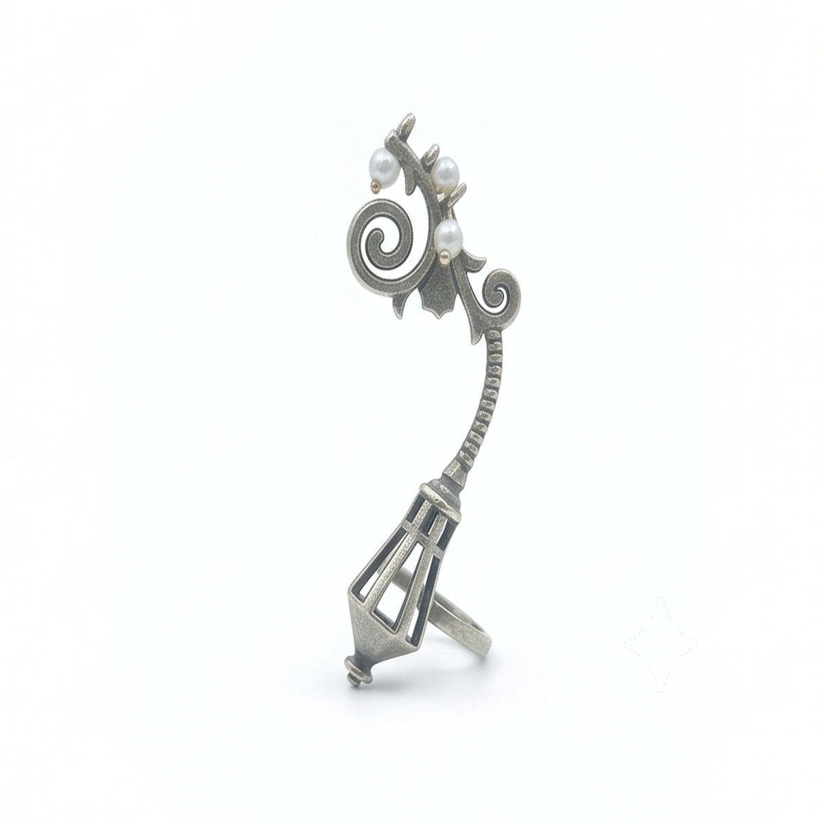 DIVYORO ANTIQUE SILVER-TONED STREET LAMP PEARL DANGLING EAR CUFFS