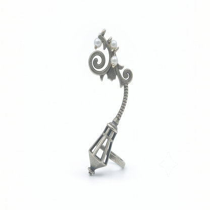 DIVYORO ANTIQUE SILVER-TONED STREET LAMP PEARL DANGLING EAR CUFFS