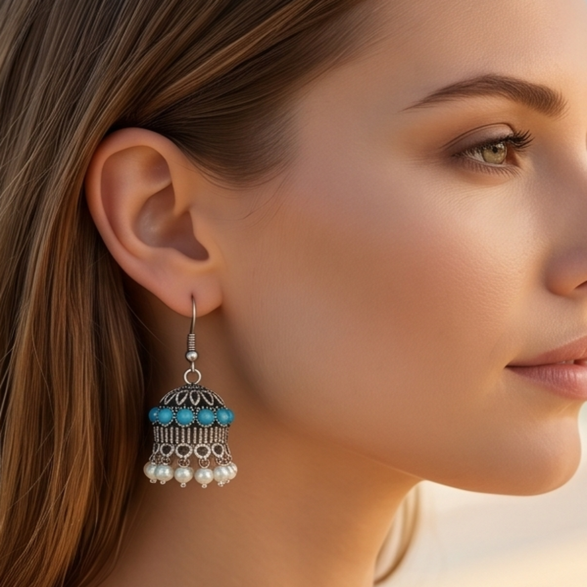 DIVYORO TURQUOISE PEARL JHUMKA