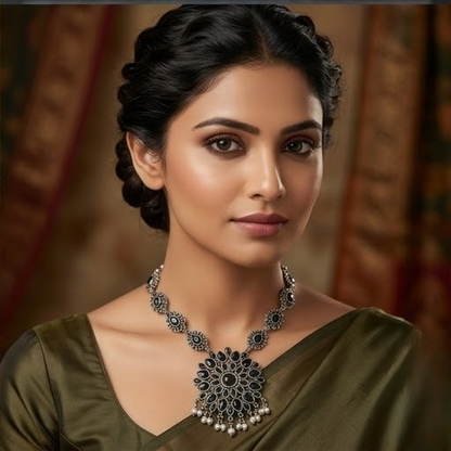 DIVYORO ELEGANT BLACK STONE FLORAL PENDANT NECKLACE SET