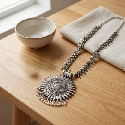 DIVYORO OXIDIZED SILVER SUNBURST MEDALLION LONG NECKLACE SET