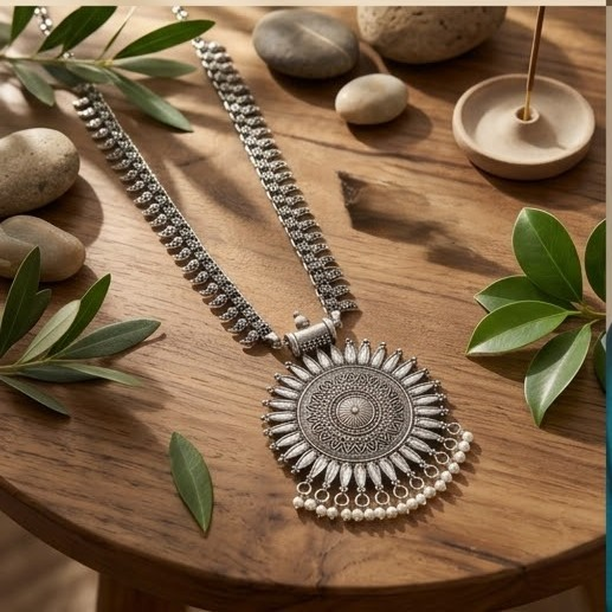 DIVYORO OXIDIZED SILVER SUNBURST MEDALLION LONG NECKLACE SET