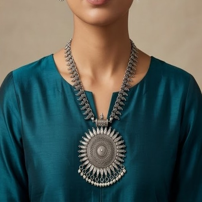 DIVYORO OXIDIZED SILVER SUNBURST MEDALLION LONG NECKLACE SET