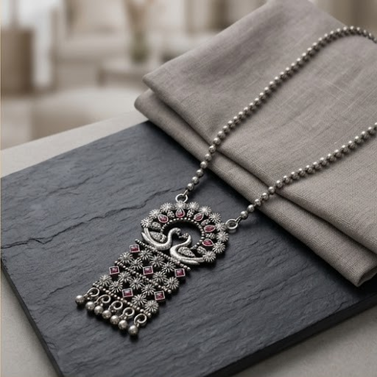 DIVYORO VINTAGE TWO-PEACOCK RED STONE PENDANT NECKLACE