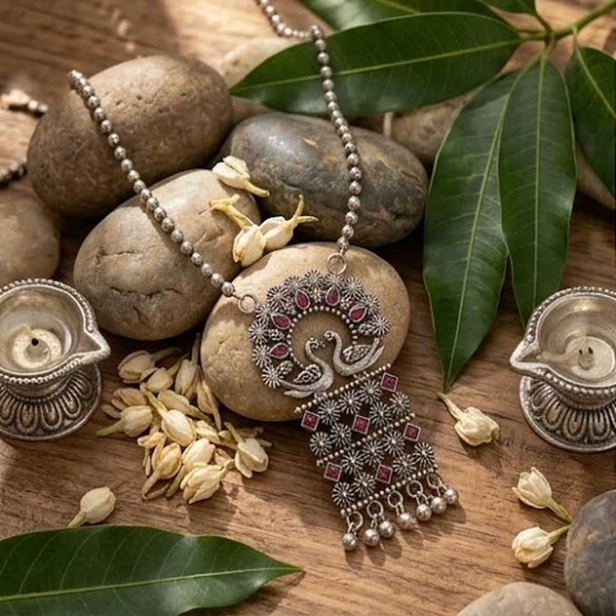 DIVYORO VINTAGE TWO-PEACOCK RED STONE PENDANT NECKLACE