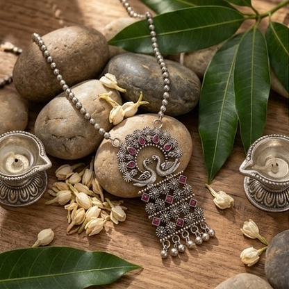 DIVYORO VINTAGE TWO-PEACOCK RED STONE PENDANT NECKLACE