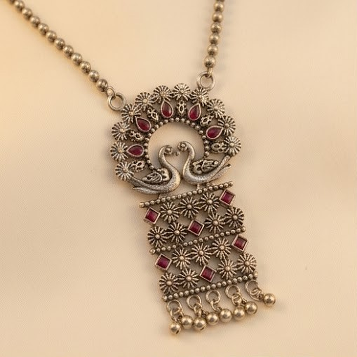 DIVYORO VINTAGE TWO-PEACOCK RED STONE PENDANT NECKLACE