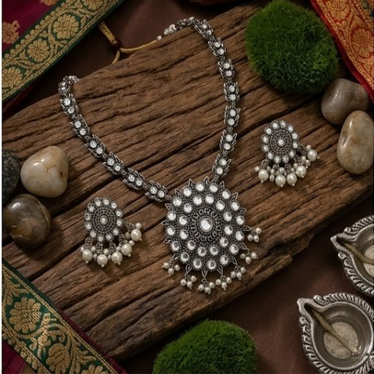 DIVYORO CLASSIC CIRCULAR WHITE STONE MEDALLION NECKLACE SET