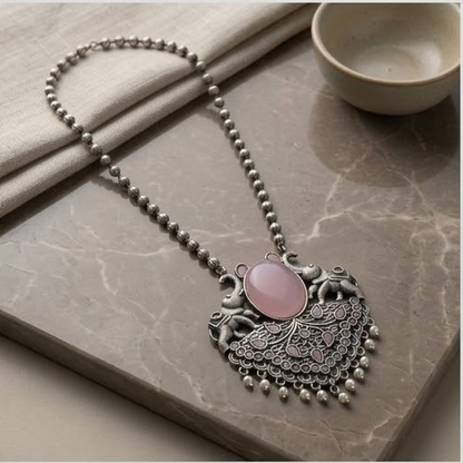 DIVYORO ELEPHANT MOTIF PINK STONE STATEMENT PENDANT NECKLACE