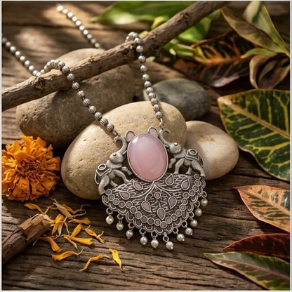 DIVYORO ELEPHANT MOTIF PINK STONE STATEMENT PENDANT NECKLACE