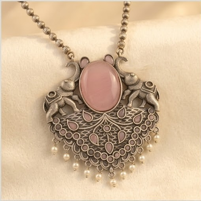 DIVYORO ELEPHANT MOTIF PINK STONE STATEMENT PENDANT NECKLACE