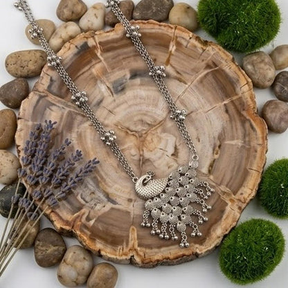 DIVYORO ARTISAN PEACOCK PENDANT LONG OXIDIZED NECKLACE