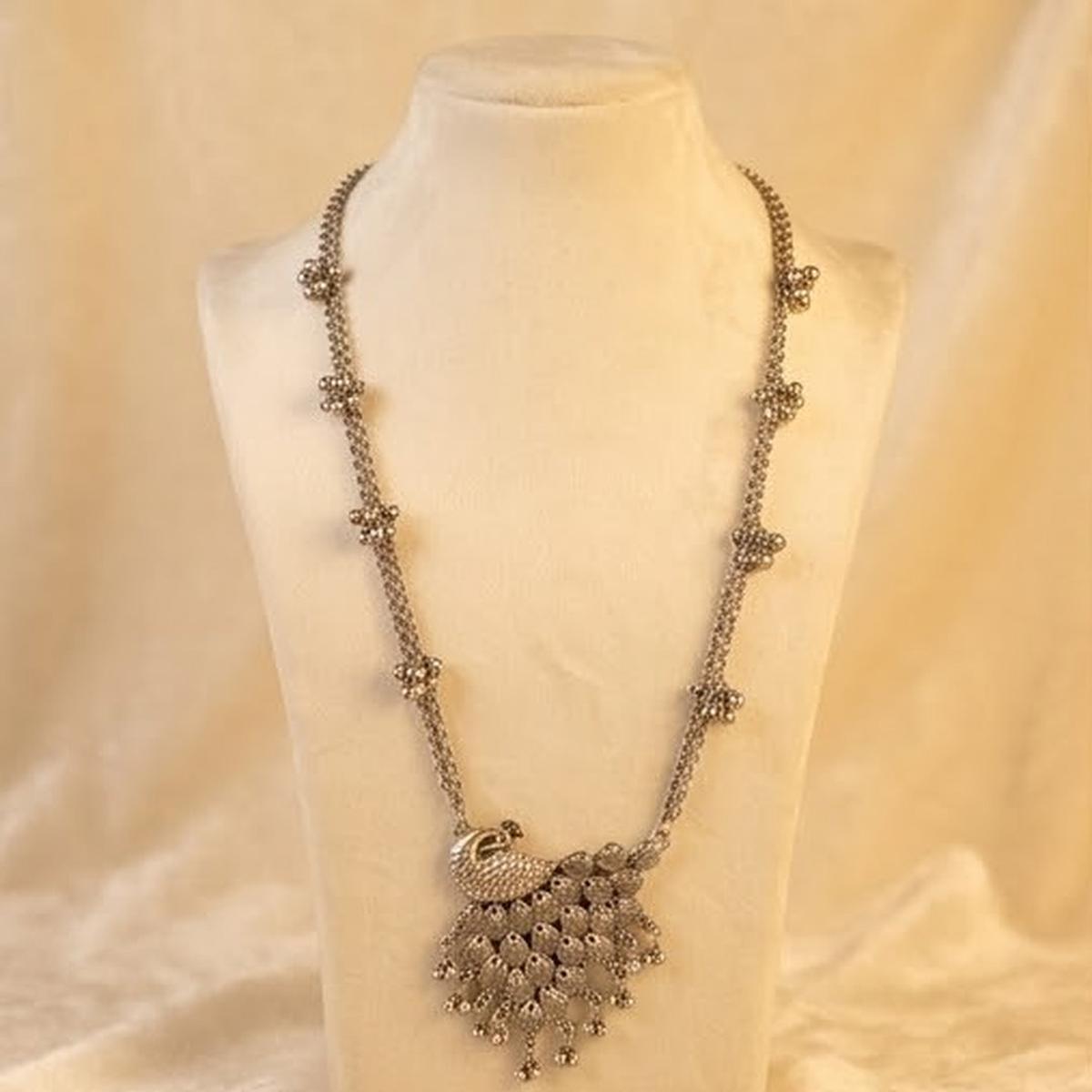 DIVYORO ARTISAN PEACOCK PENDANT LONG OXIDIZED NECKLACE