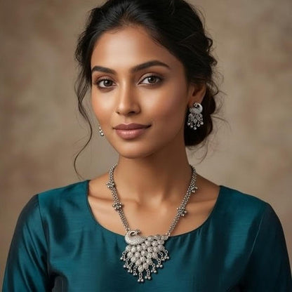 DIVYORO ARTISAN PEACOCK PENDANT LONG OXIDIZED NECKLACE