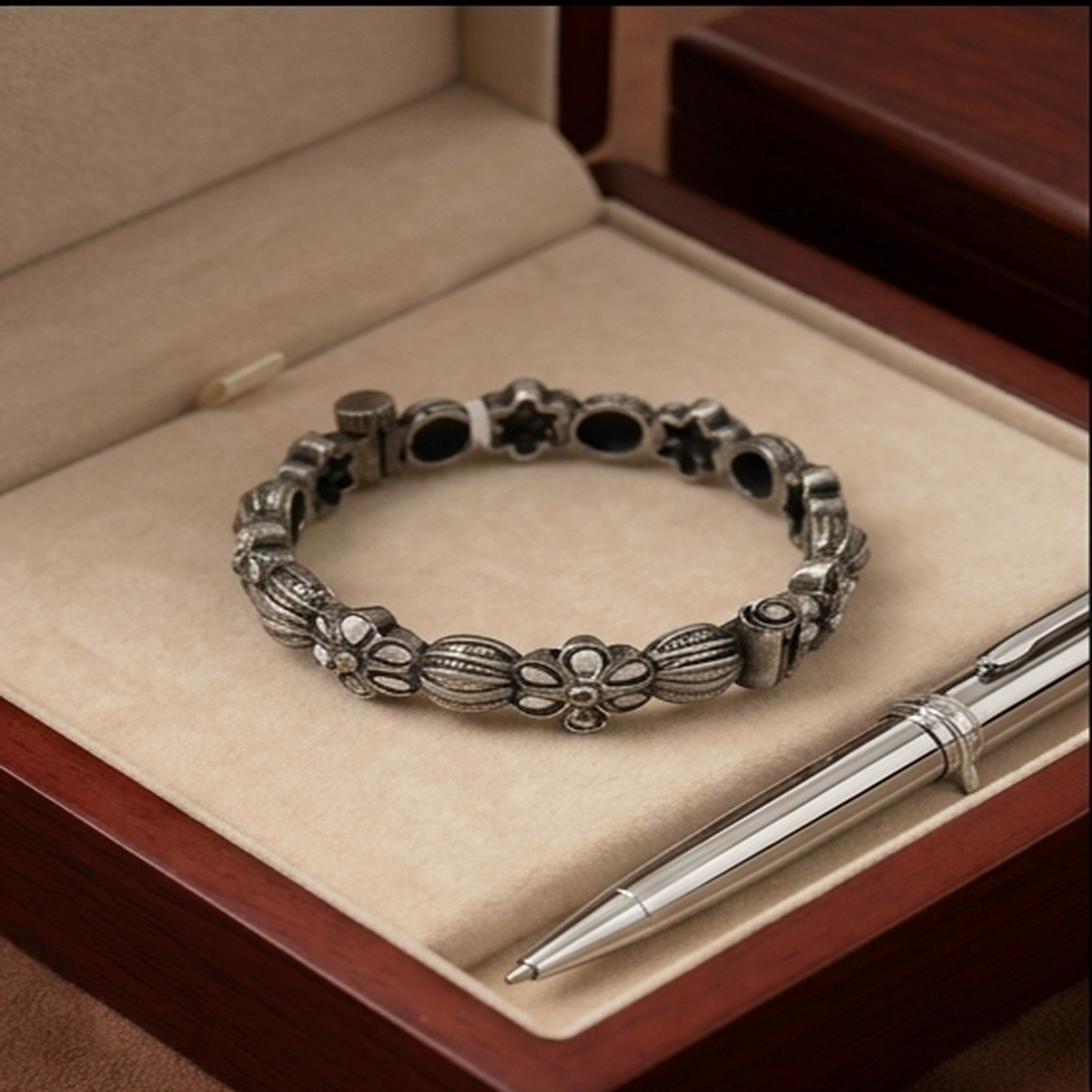 DIVYORO OXIDIZED SILVER FLOWER KADA