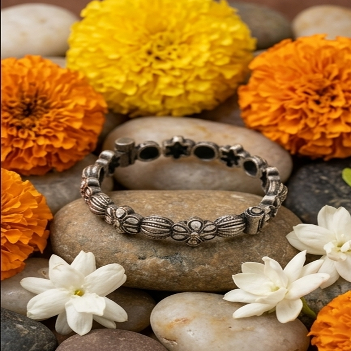 DIVYORO OXIDIZED SILVER FLOWER KADA