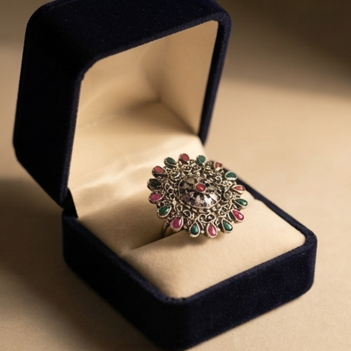 DIVYORO OXIDIZED SILVER ETHNIC STATEMENT RING WITH PINK & GREEN STONE ACCENTS