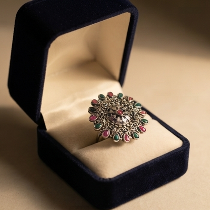 DIVYORO OXIDIZED SILVER ETHNIC STATEMENT RING WITH PINK & GREEN STONE ACCENTS