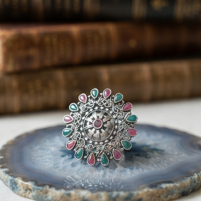 DIVYORO OXIDIZED SILVER ETHNIC STATEMENT RING WITH PINK & GREEN STONE ACCENTS