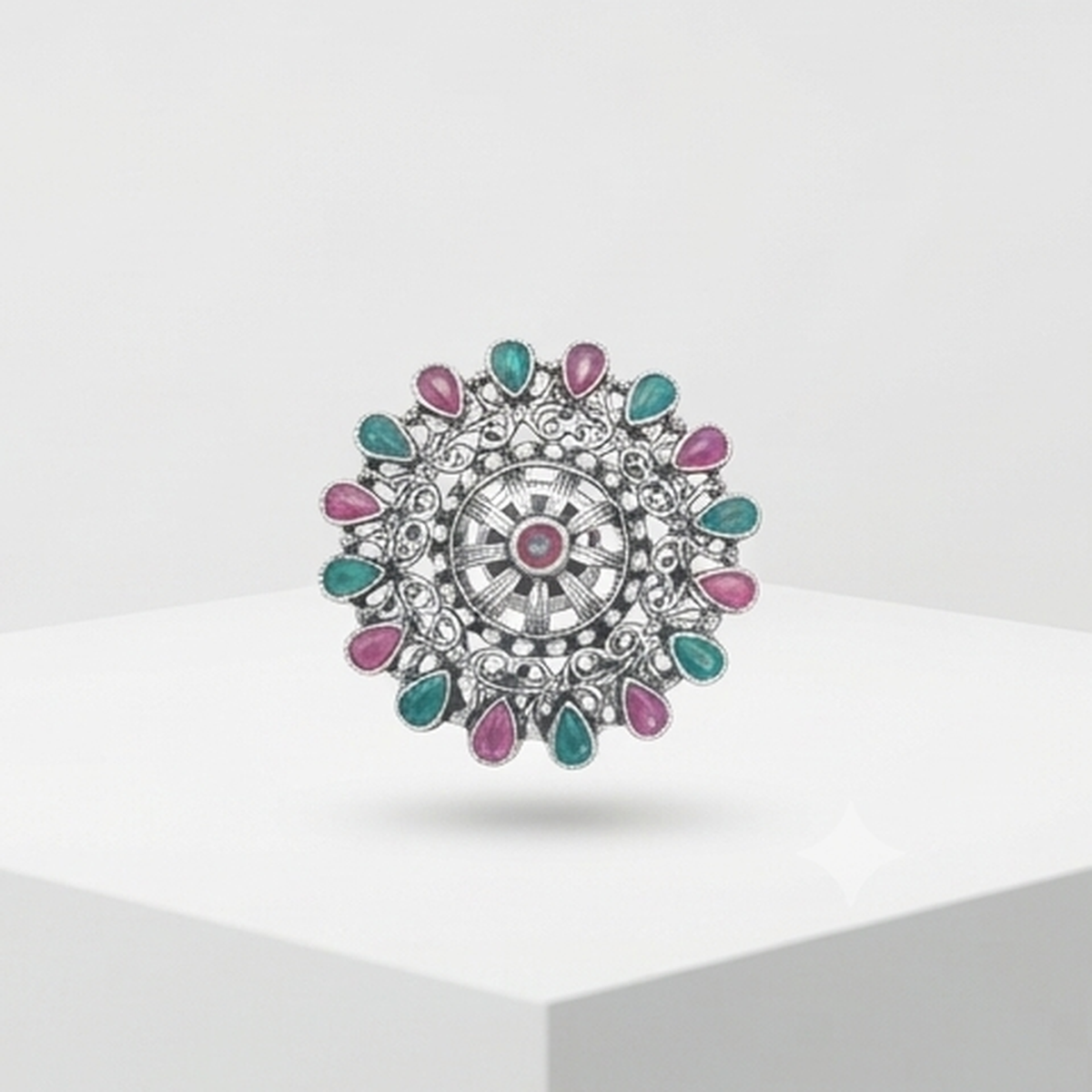 DIVYORO OXIDIZED SILVER ETHNIC STATEMENT RING WITH PINK & GREEN STONE ACCENTS