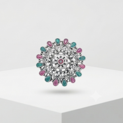 DIVYORO OXIDIZED SILVER ETHNIC STATEMENT RING WITH PINK & GREEN STONE ACCENTS