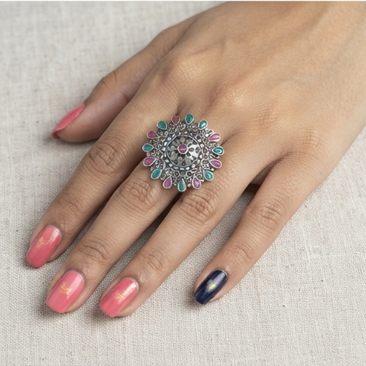 DIVYORO OXIDIZED SILVER ETHNIC STATEMENT RING WITH PINK & GREEN STONE ACCENTS