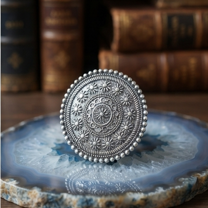 DIVYORO TRADITIONAL BOHO STYLE LARGE MANDALA SILVER RING FOR WOMEN