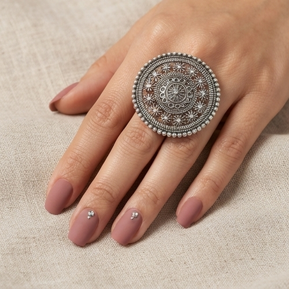 DIVYORO TRADITIONAL BOHO STYLE LARGE MANDALA SILVER RING FOR WOMEN