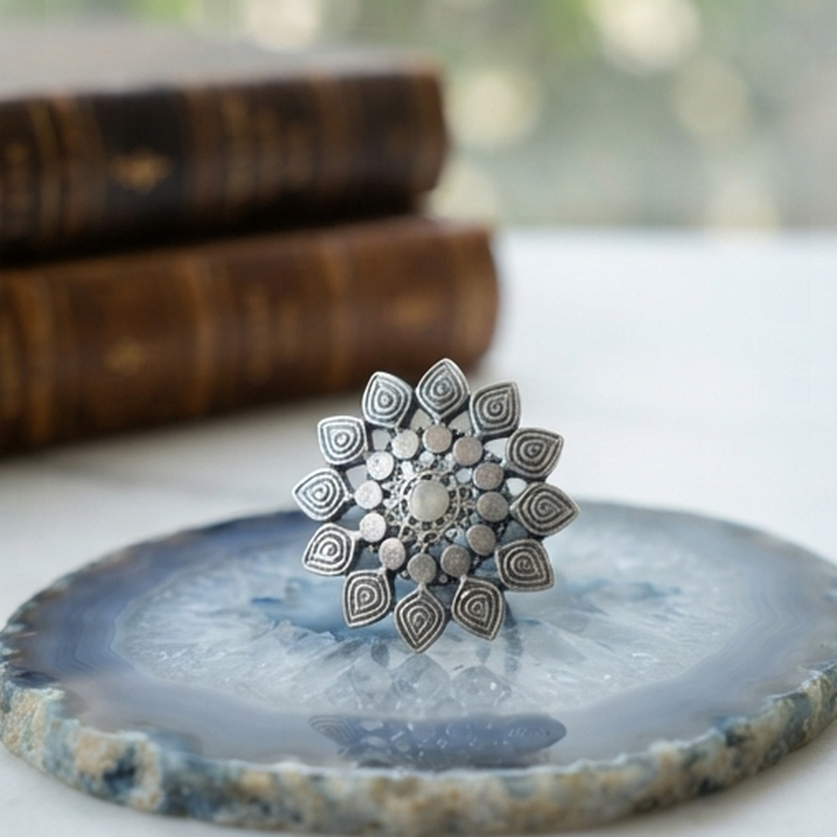 DIVYORO ANTIQUE FINISH ELABORATE CIRCULAR DESIGN STATEMENT RING