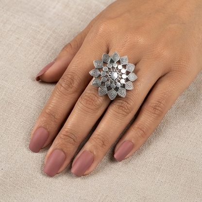 DIVYORO ANTIQUE FINISH ELABORATE CIRCULAR DESIGN STATEMENT RING