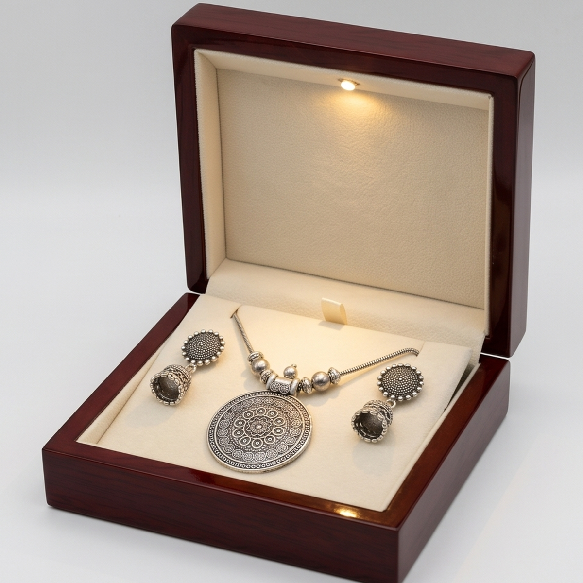 DIVYORO OXIDIZED SILVER MANDALA PENDANT CHAIN SET