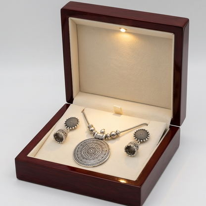 DIVYORO OXIDIZED SILVER MANDALA PENDANT CHAIN SET