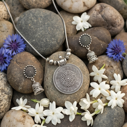 DIVYORO OXIDIZED SILVER MANDALA PENDANT CHAIN SET
